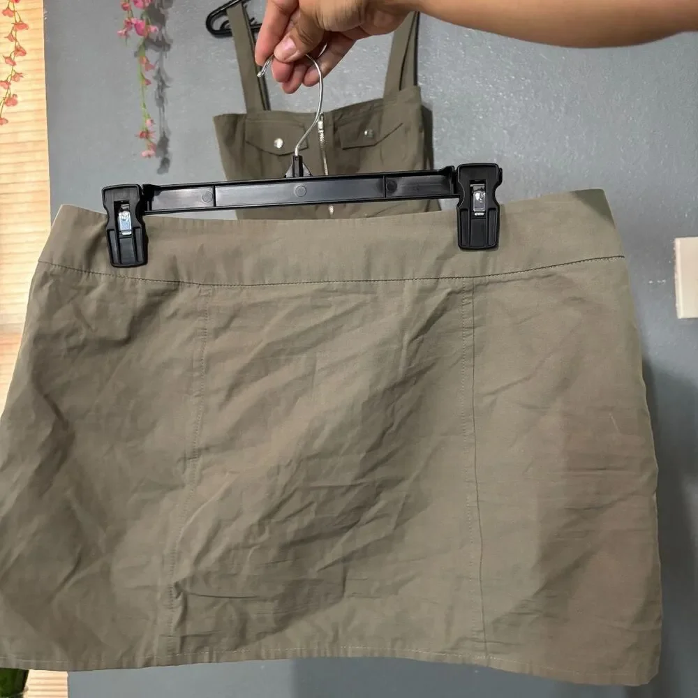 White Fox Olive Green Utility Cargo Corset Crop Top Mini Skirt Set M